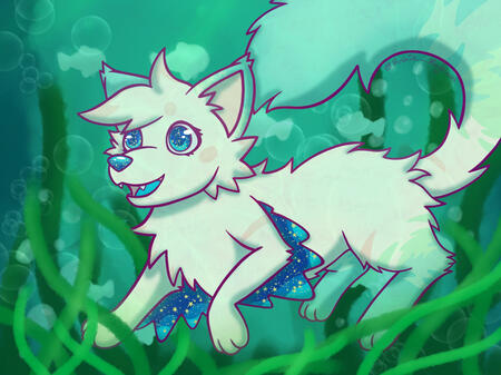 Cream coloured cat/squirrel like creature with dark blue sparkly wings atatched at the arm and sides like a flying squirrel and green ears, legs, and tail that is swimming in a kelp forest amongst some fish and bubbles.